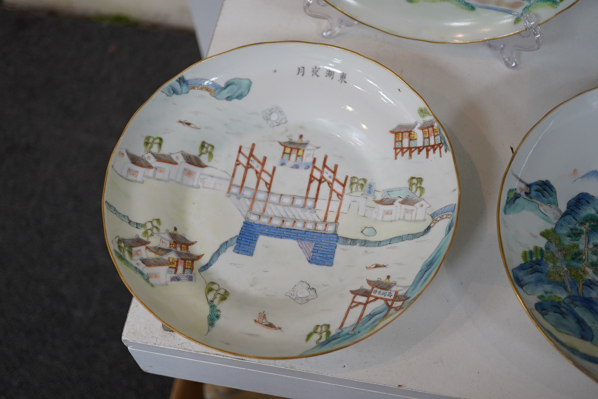 A set of five Chinese enamelled porcelain ‘pavilion’ dishes, Daoguang mark and period (1821-50)